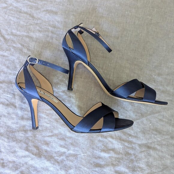 Nina Venus Satin Heeled Sandals with Ankle Strap in Navy Blue Luster Size 9.5 - Picture 1 of 10